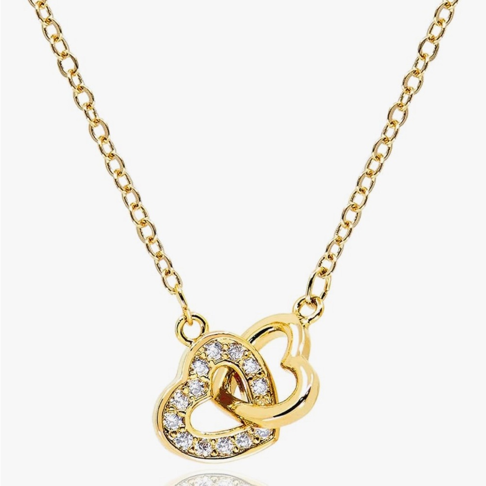 Gold Double  Heart Pendant  Rihestones Necklace